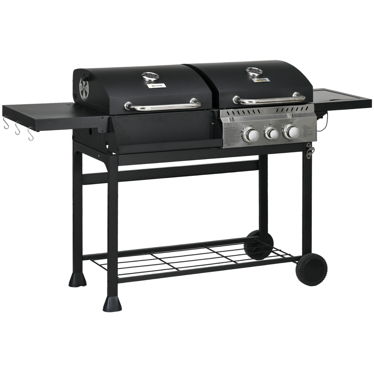 Outsunny Dual Fuel BBQ Grill with Wheels, Warming Rack, Black - Image 2