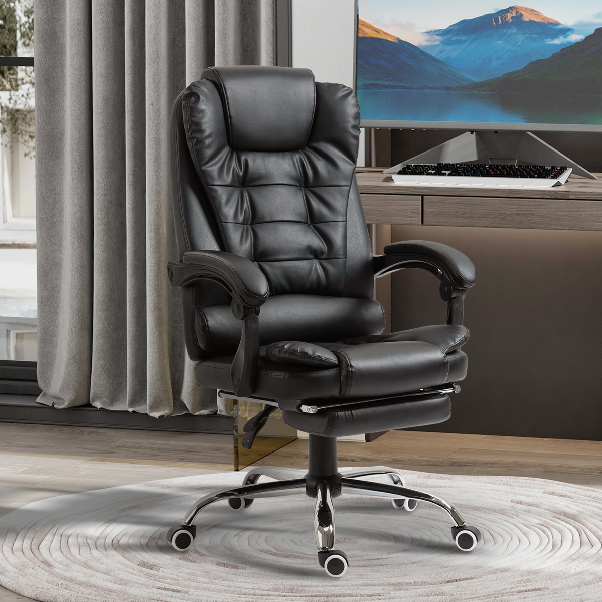 PU Leather Home Office Chair High Back Computer Chair with Swivel Wheels Black - Image 2