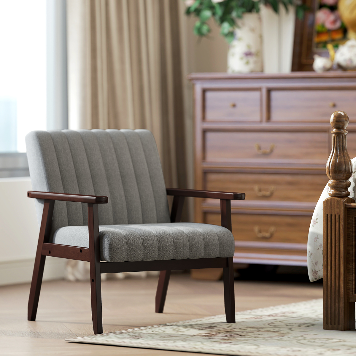 HOMCOM Modern Accent Chair Upholstered Armchair for Bedroom Living Room Grey - Image 2