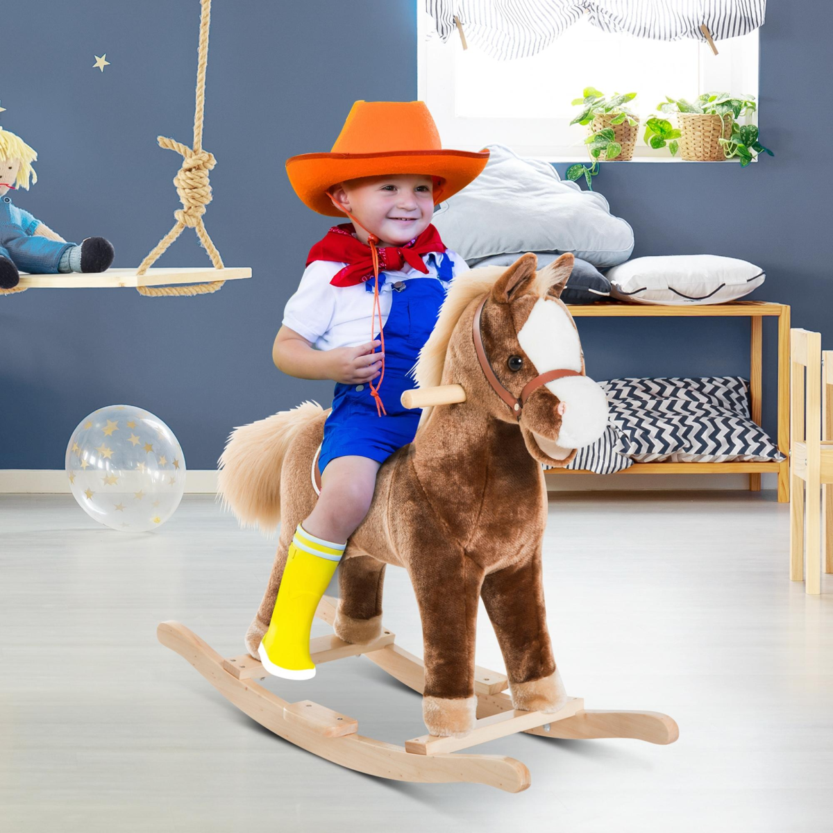 Kids Rocking Horse Wooden Plush Children Ride On Toy Rocker Baby Gift HOMCOM - Image 2