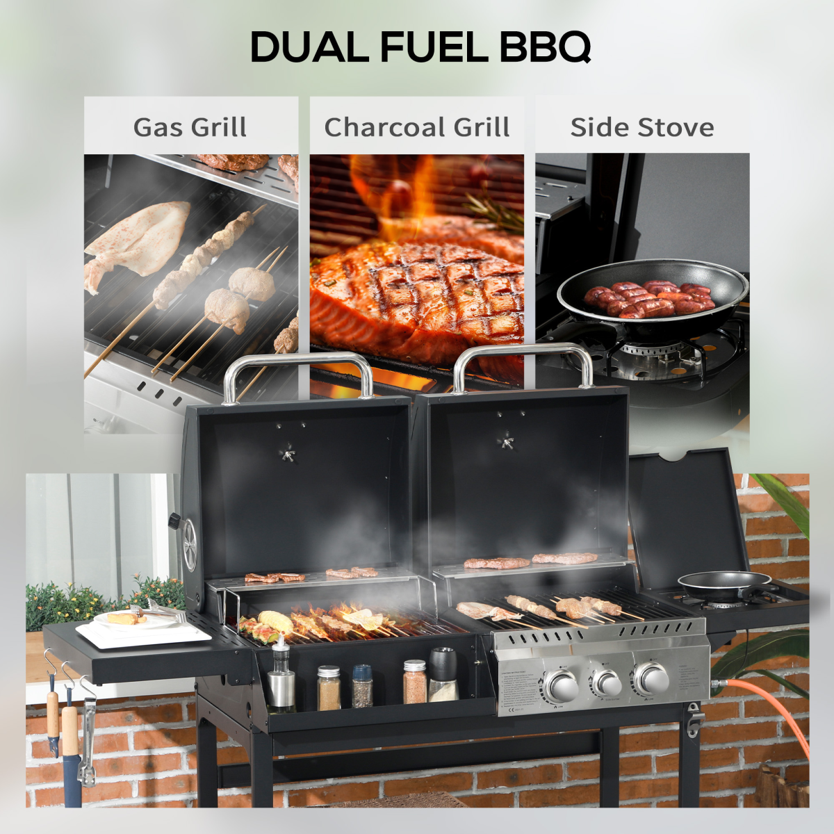 Outsunny Dual Fuel BBQ Grill with Wheels, Warming Rack, Black - Image 4