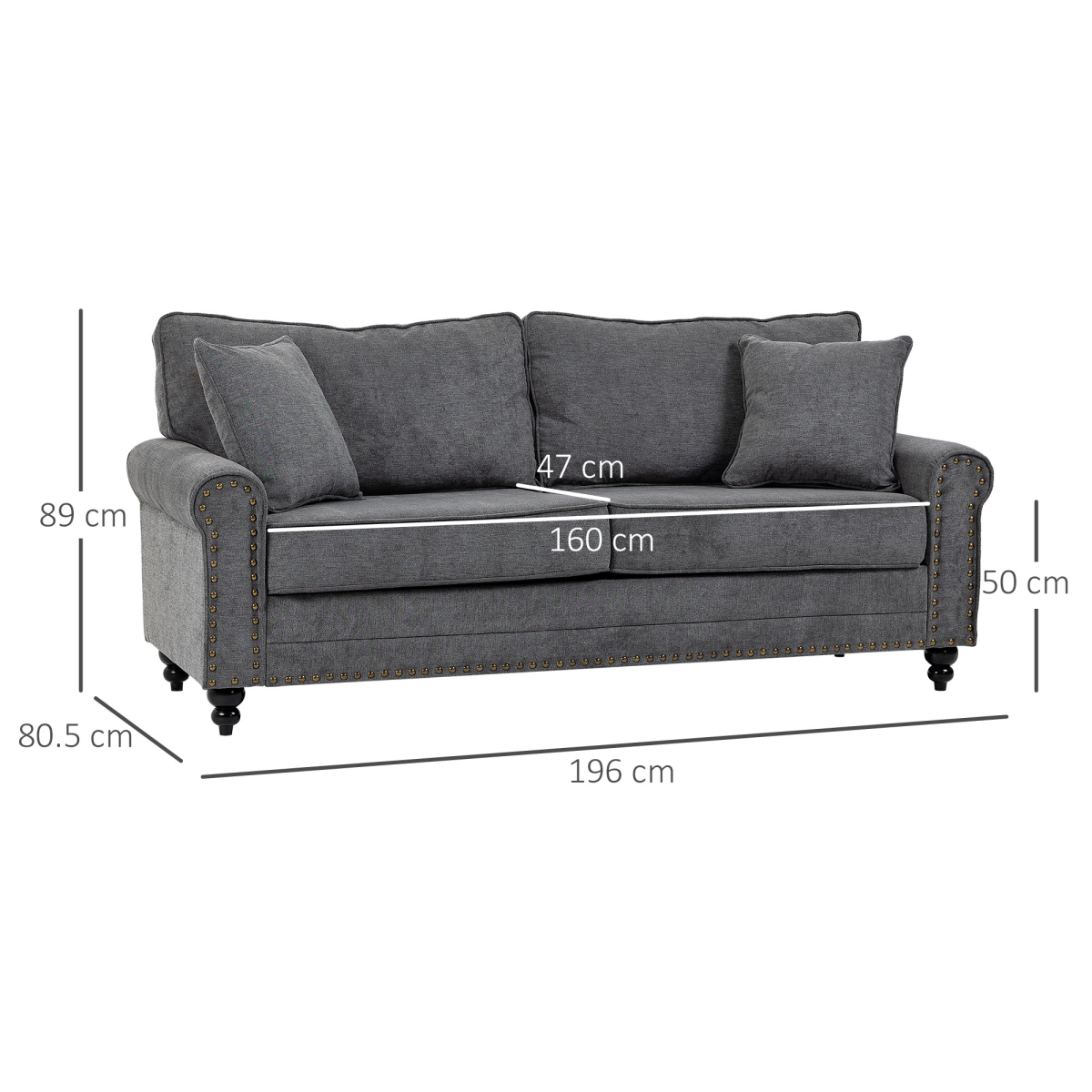 2 Seater Sofas Fabric Sofa with Nailhead Trim Cushions and Throw Pillows Grey - Image 3