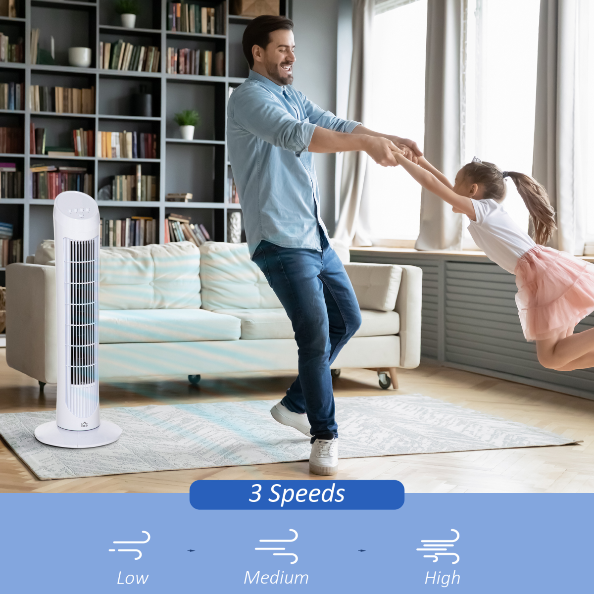 HOMCOM 30" Tower Fan Noise Reduction Wind 3-Level Cool ABS Indoor White - Image 4