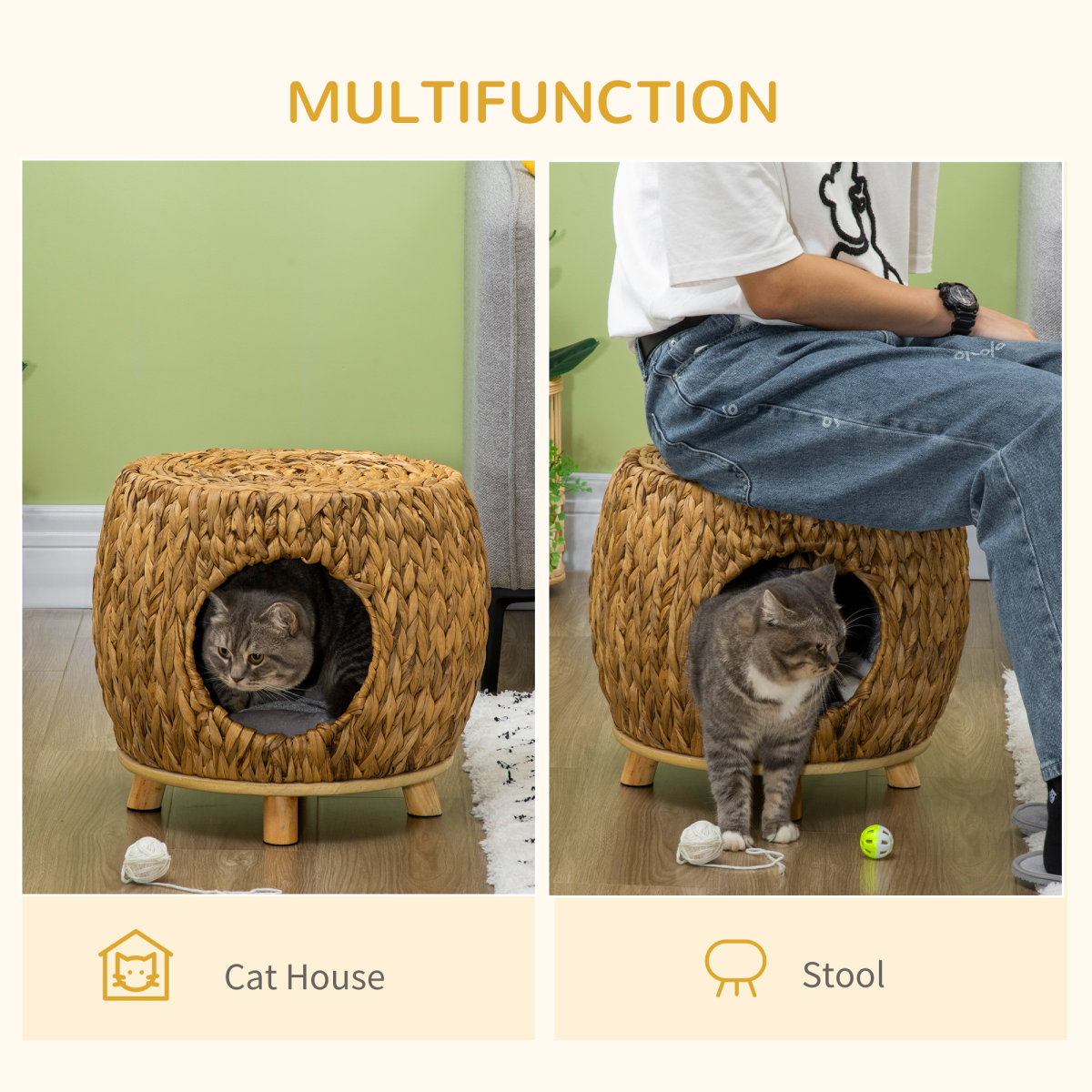 Rattan Cat House Stool, Wicker Kitten Bed for Outdoors and Indoors w/ Cushion - Image 4