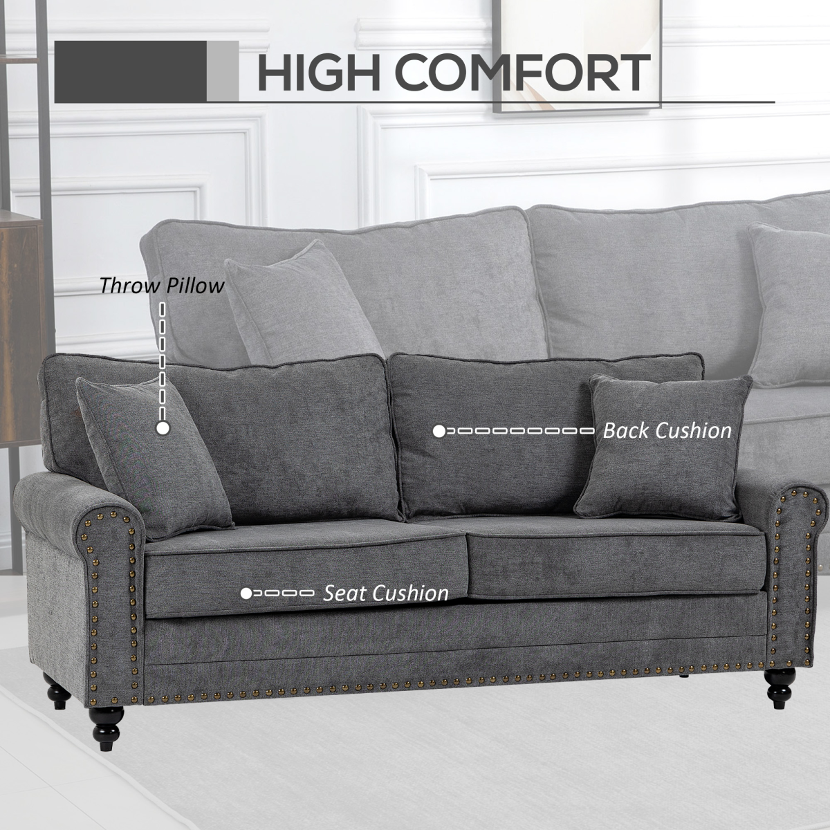 2 Seater Sofas Fabric Sofa with Nailhead Trim Cushions and Throw Pillows Grey - Image 4