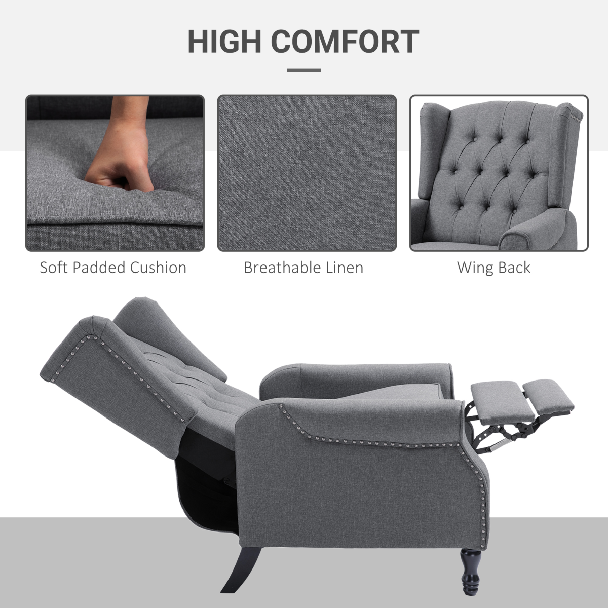 Recliner Armchair for Living Room Fabric Reclining Chair w/ Footrest Light Grey - Image 5