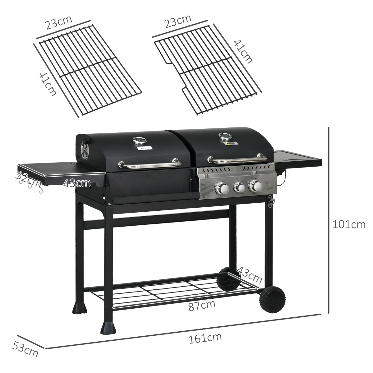 Outsunny Dual Fuel BBQ Grill with Wheels, Warming Rack, Black - Image 6
