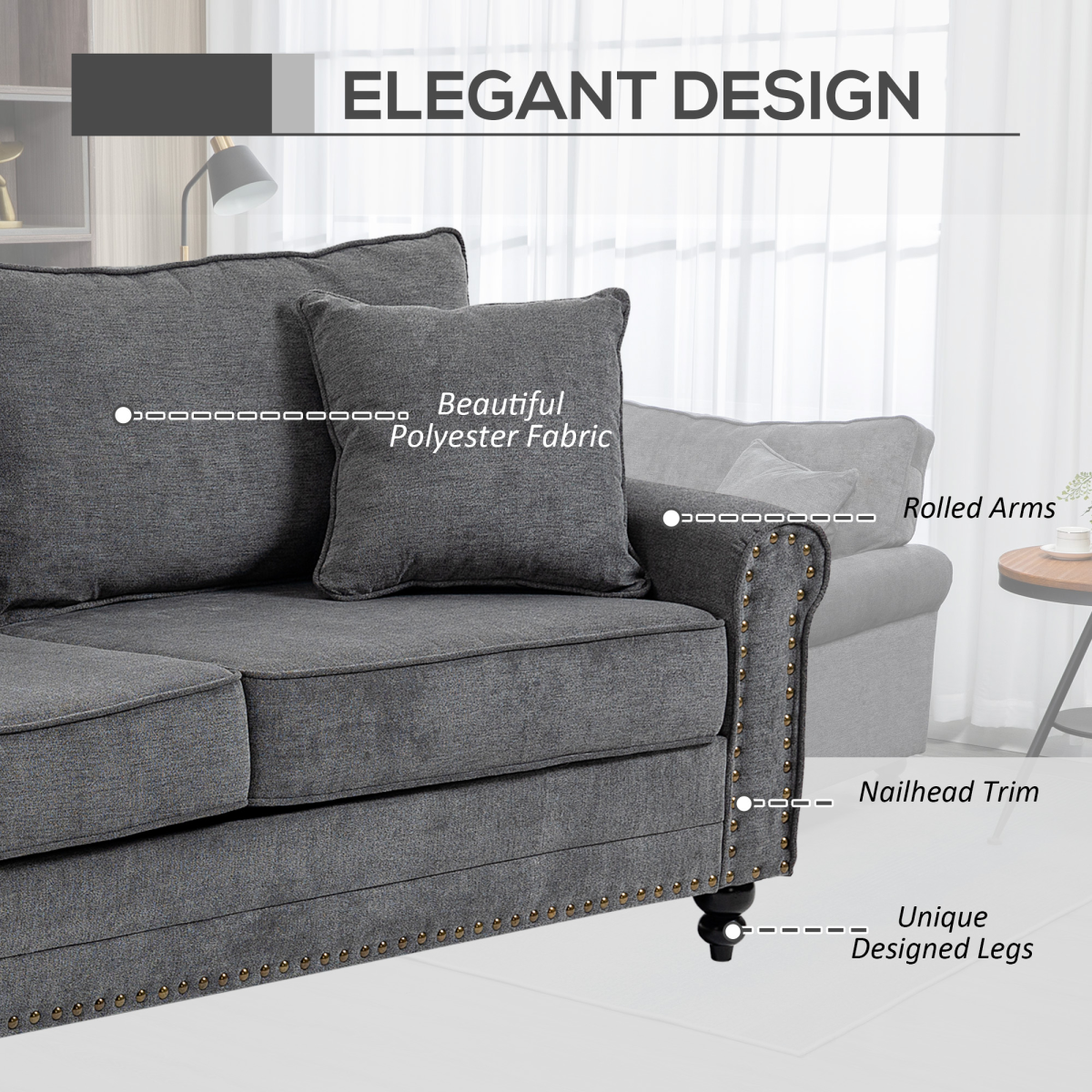 2 Seater Sofas Fabric Sofa with Nailhead Trim Cushions and Throw Pillows Grey - Image 5
