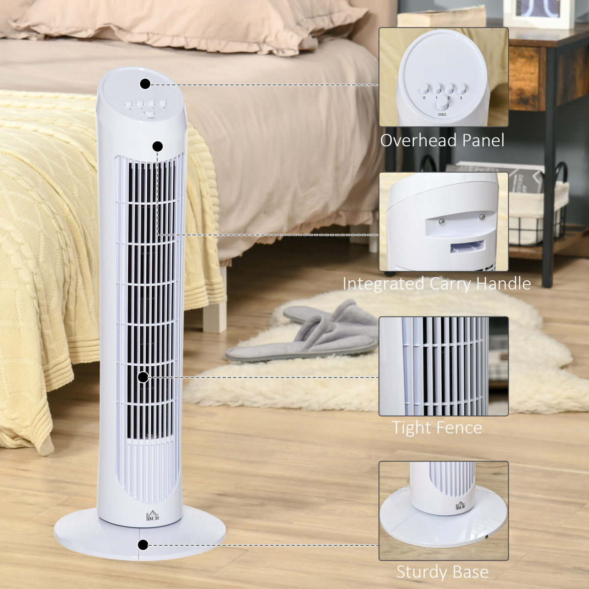 HOMCOM 30" Tower Fan Noise Reduction Wind 3-Level Cool ABS Indoor White - Image 6