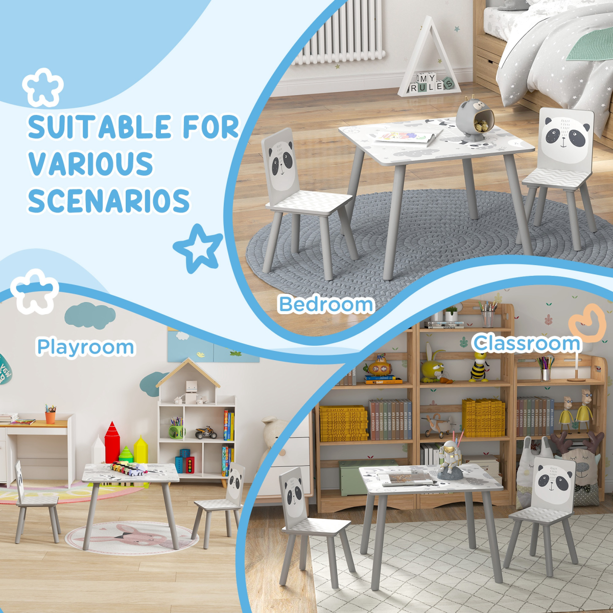 ZONEKIZ Kids Table and Chair Set, Toddler Table with 2 Chairs, Grey - Image 6