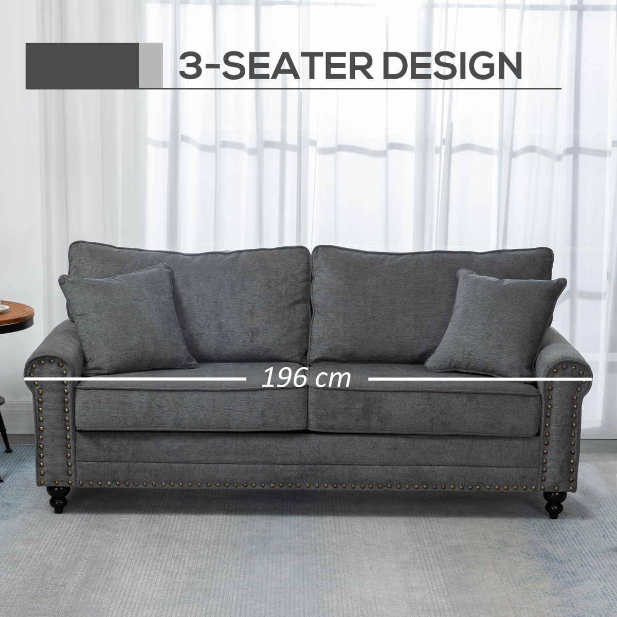 2 Seater Sofas Fabric Sofa with Nailhead Trim Cushions and Throw Pillows Grey - Image 6