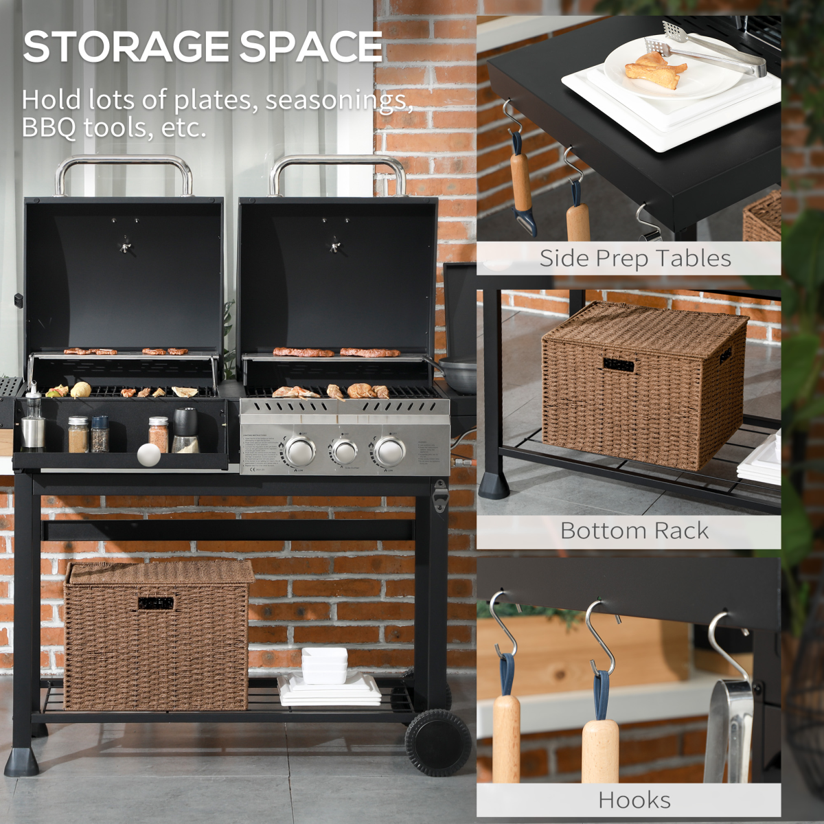 Outsunny Dual Fuel BBQ Grill with Wheels, Warming Rack, Black - Image 8