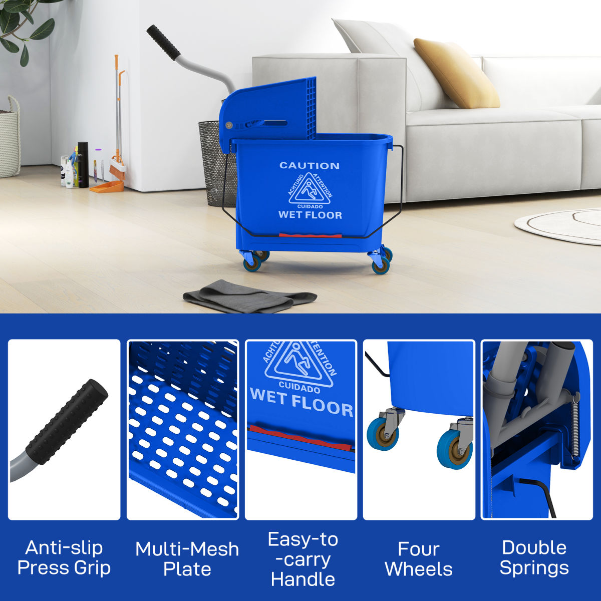 HOMCOM 20L Mop Bucket with Wringer Handle on Wheels for Floor Cleaning Red - Image 8