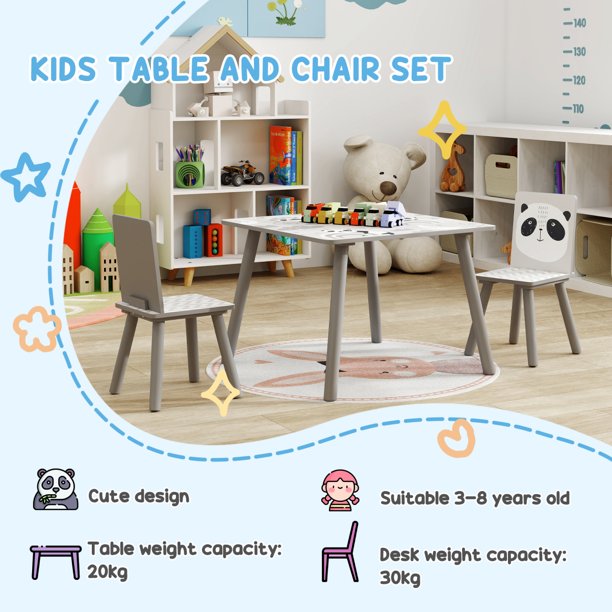 ZONEKIZ Kids Table and Chair Set, Toddler Table with 2 Chairs, Grey - Image 8