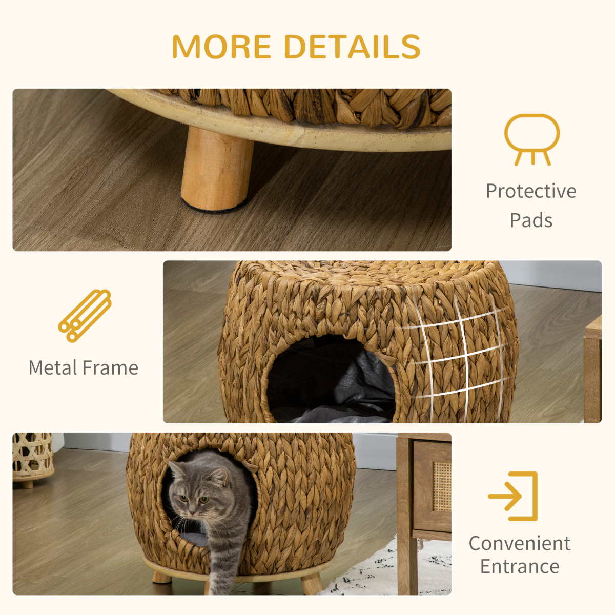 Rattan Cat House Stool, Wicker Kitten Bed for Outdoors and Indoors w/ Cushion - Image 8