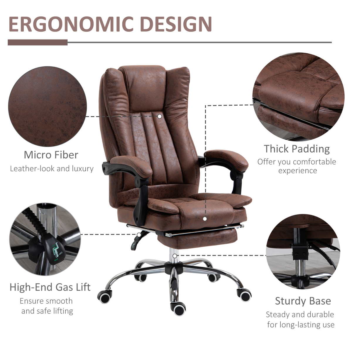 Executive Office Chair Computer Swivel Chair for Home with Arm, Footrest, Brown - Image 8