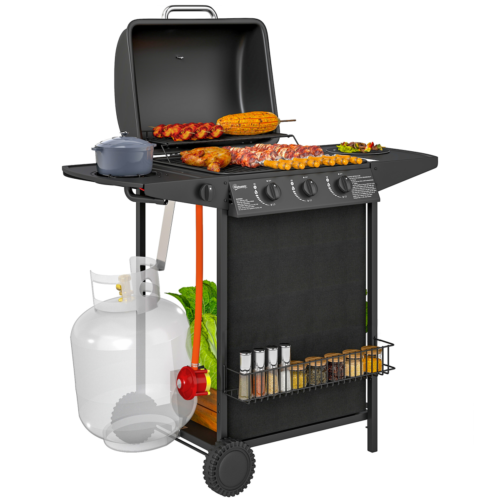 Outsunny 4 Burner Gas Barbecue Grill Portable Gas BBQ Grill with Lid, Black