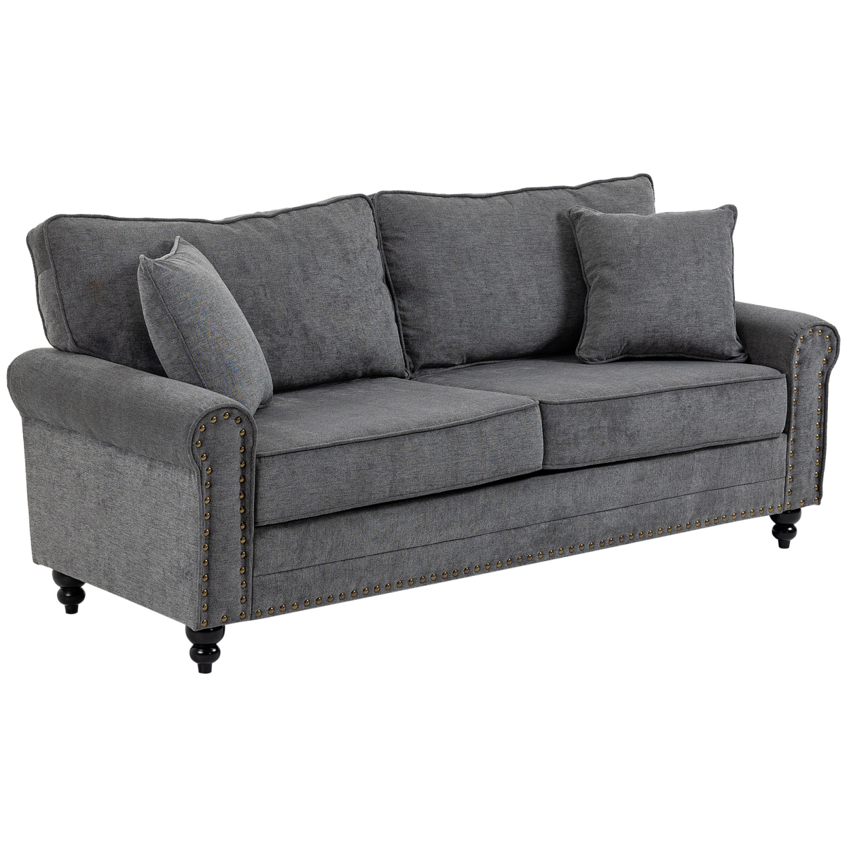 2 Seater Sofas Fabric Sofa with Nailhead Trim Cushions and Throw Pillows Grey