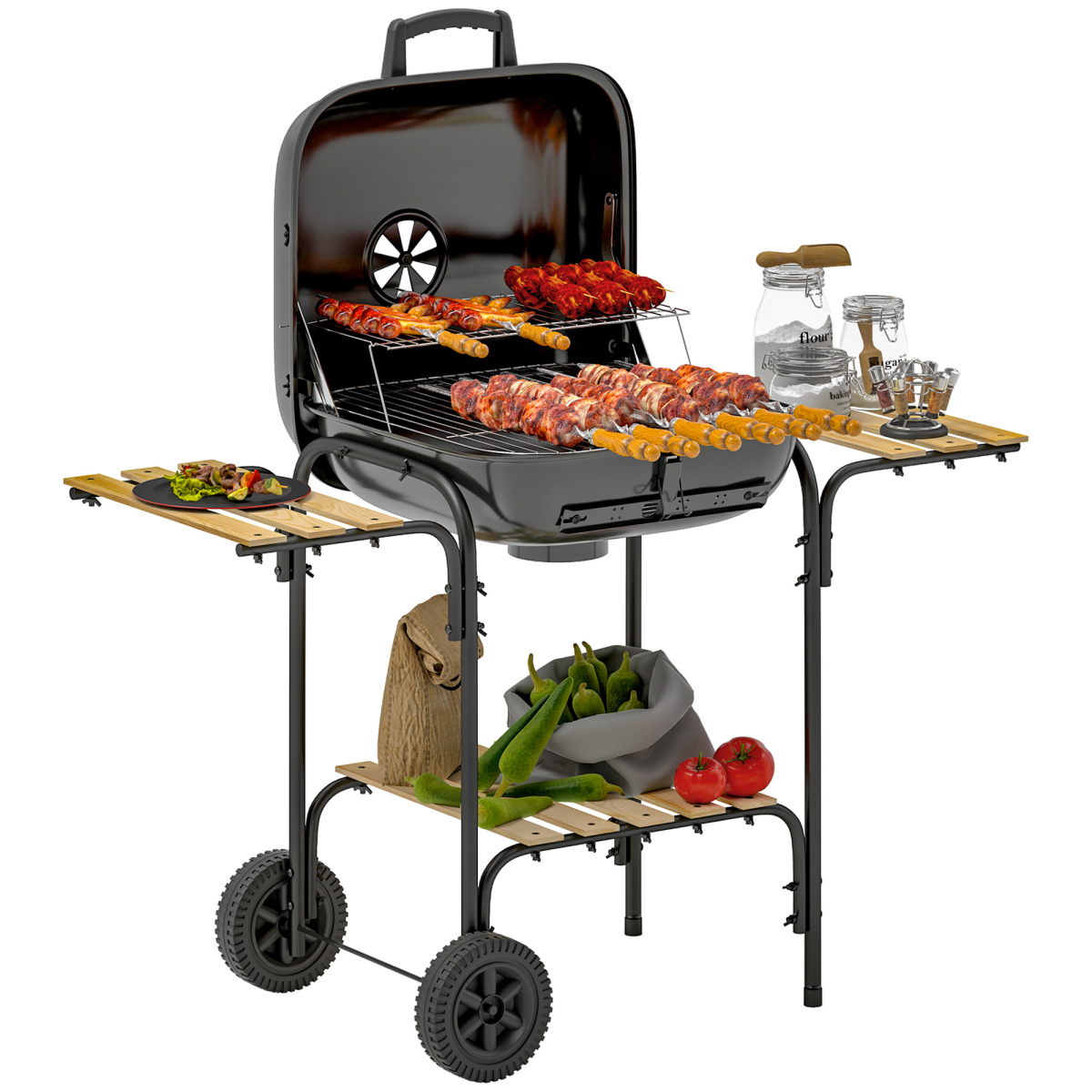 Outsunny Charcoal Barbecue Grill Portable BBQ with Lockable Lid, Vent - Image 2