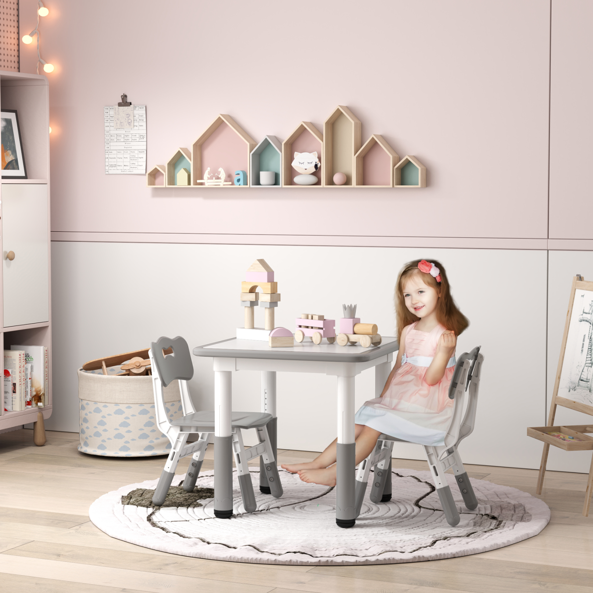 AIYAPLAY 3 Pcs Height Adjustable Kids Table and Chair Set for Playroom - Grey - Image 2