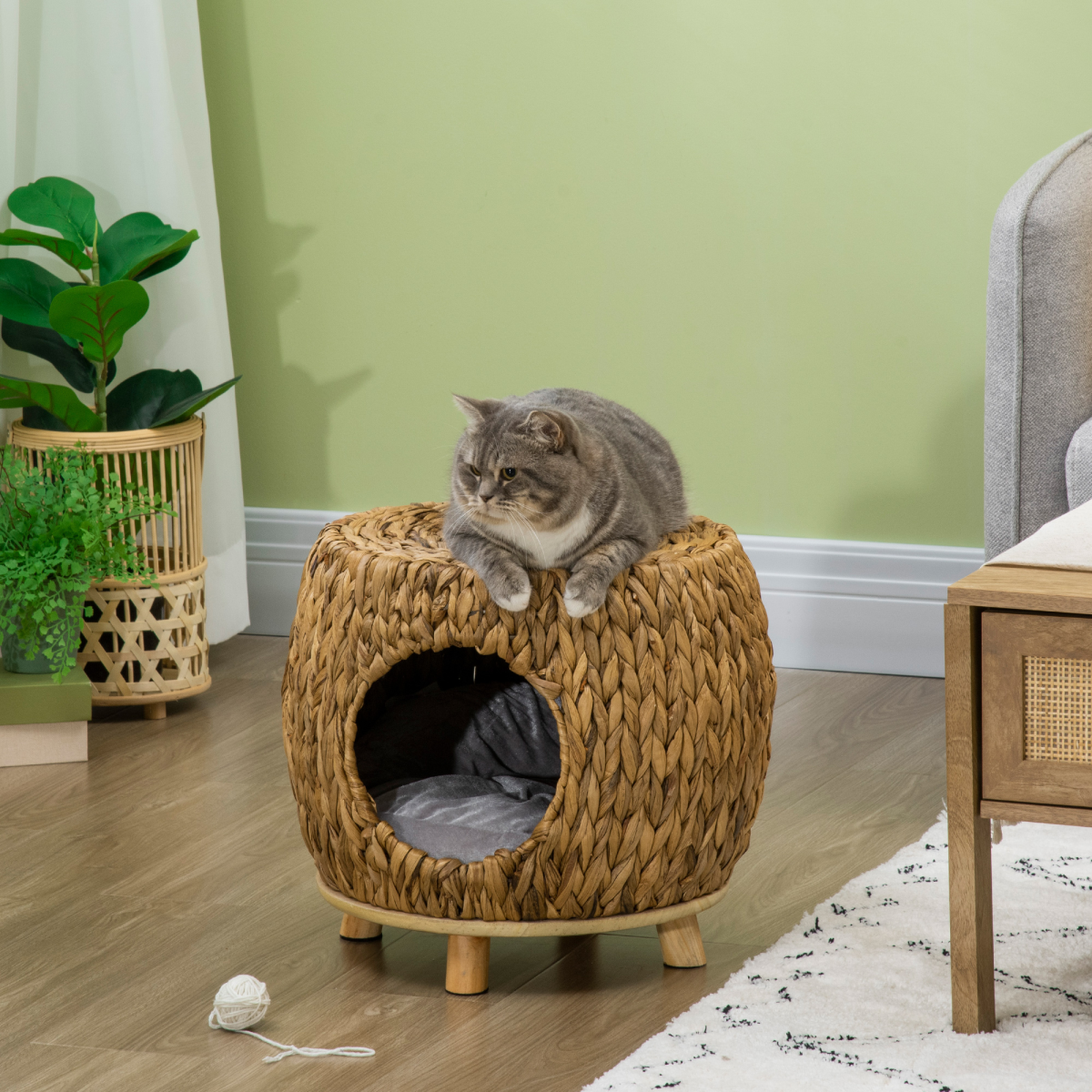 Rattan Cat House Stool, Wicker Kitten Bed for Outdoors and Indoors w/ Cushion - Image 2
