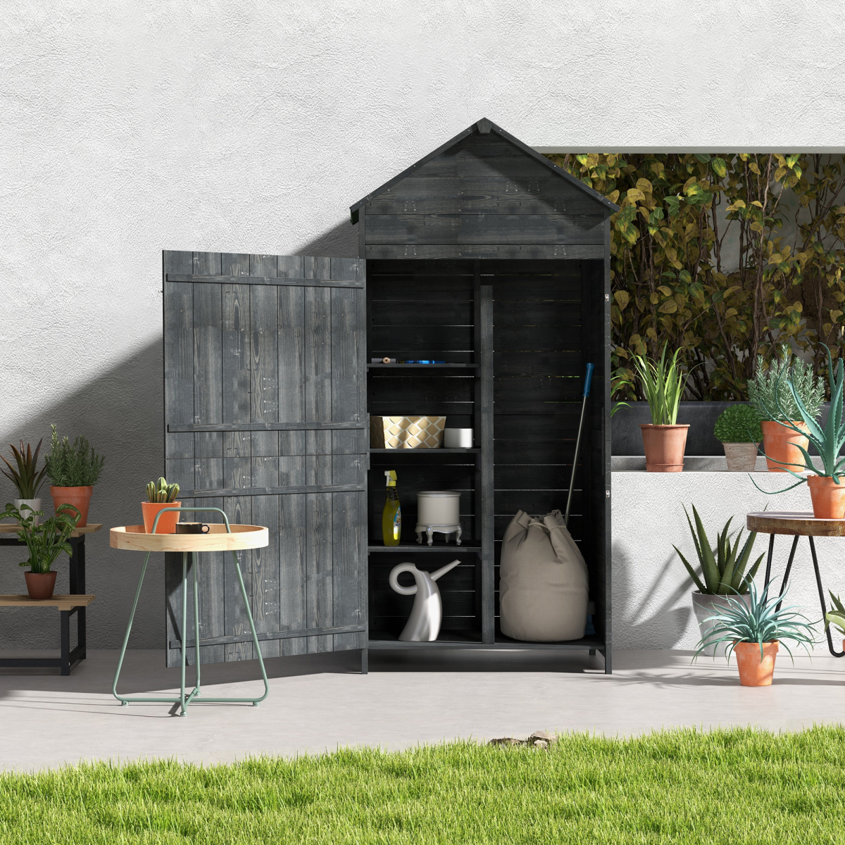 Outsunny Wooden Garden Shed Outdoor Shelves Utility Tool Storage Cabinet Grey - Image 2
