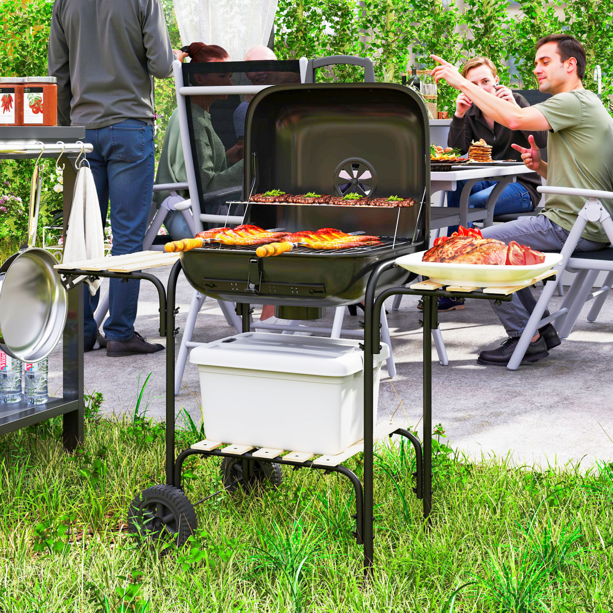 Outsunny Charcoal Barbecue Grill Portable BBQ with Lockable Lid, Vent - Image 3