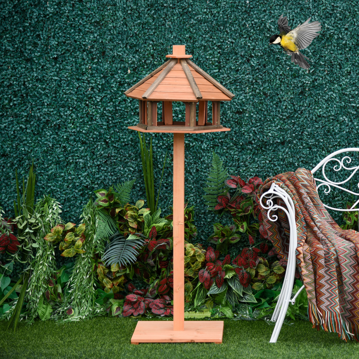Wooden Bird Feeder Wooden Bird Table Bird Feeder with Roof, Brown, 130cm - Image 2