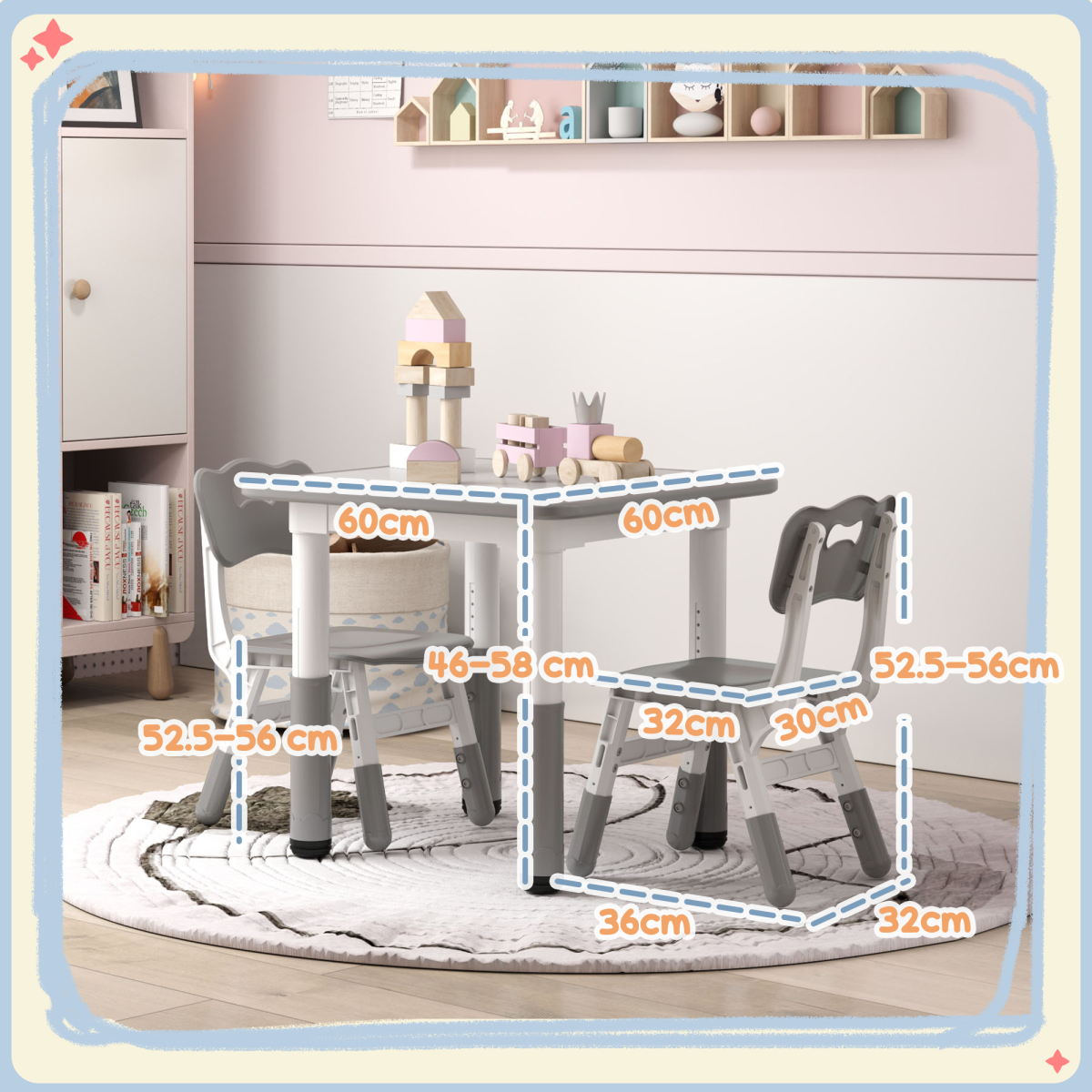 AIYAPLAY 3 Pcs Height Adjustable Kids Table and Chair Set for Playroom - Grey - Image 3