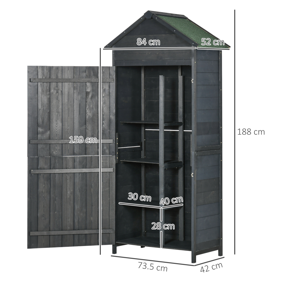 Outsunny Wooden Garden Shed Outdoor Shelves Utility Tool Storage Cabinet Grey - Image 3