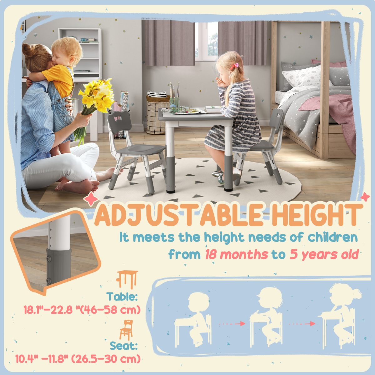 AIYAPLAY 3 Pcs Height Adjustable Kids Table and Chair Set for Playroom - Grey - Image 4