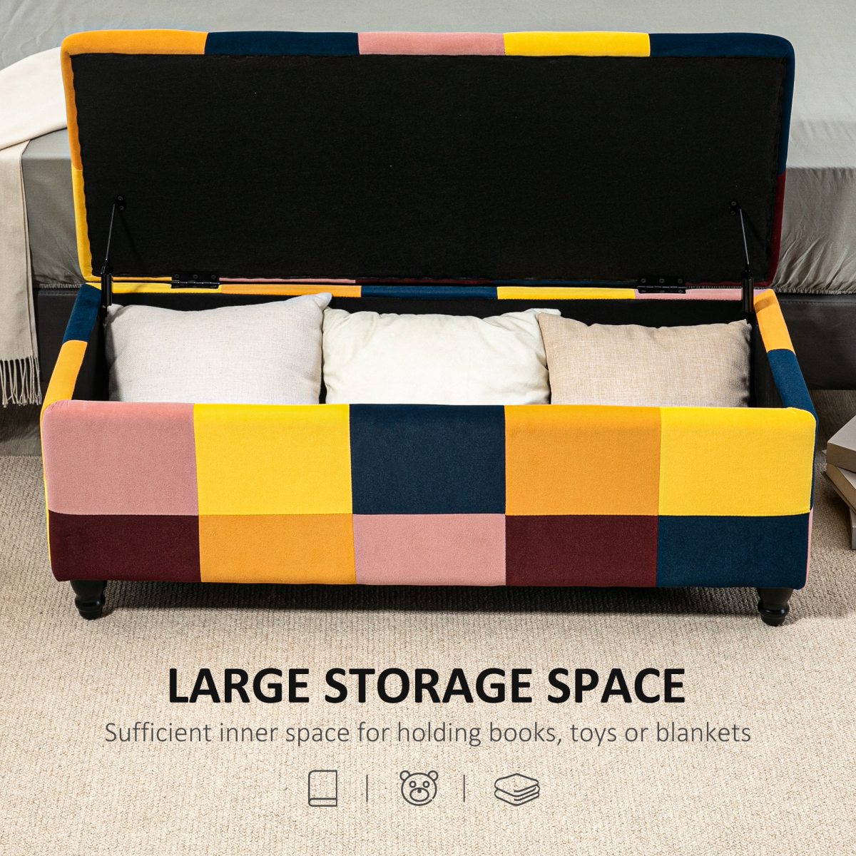 114 x 47 x 47cm Velvet Storage Ottoman, Button-tufted Footstool Box - Image 4