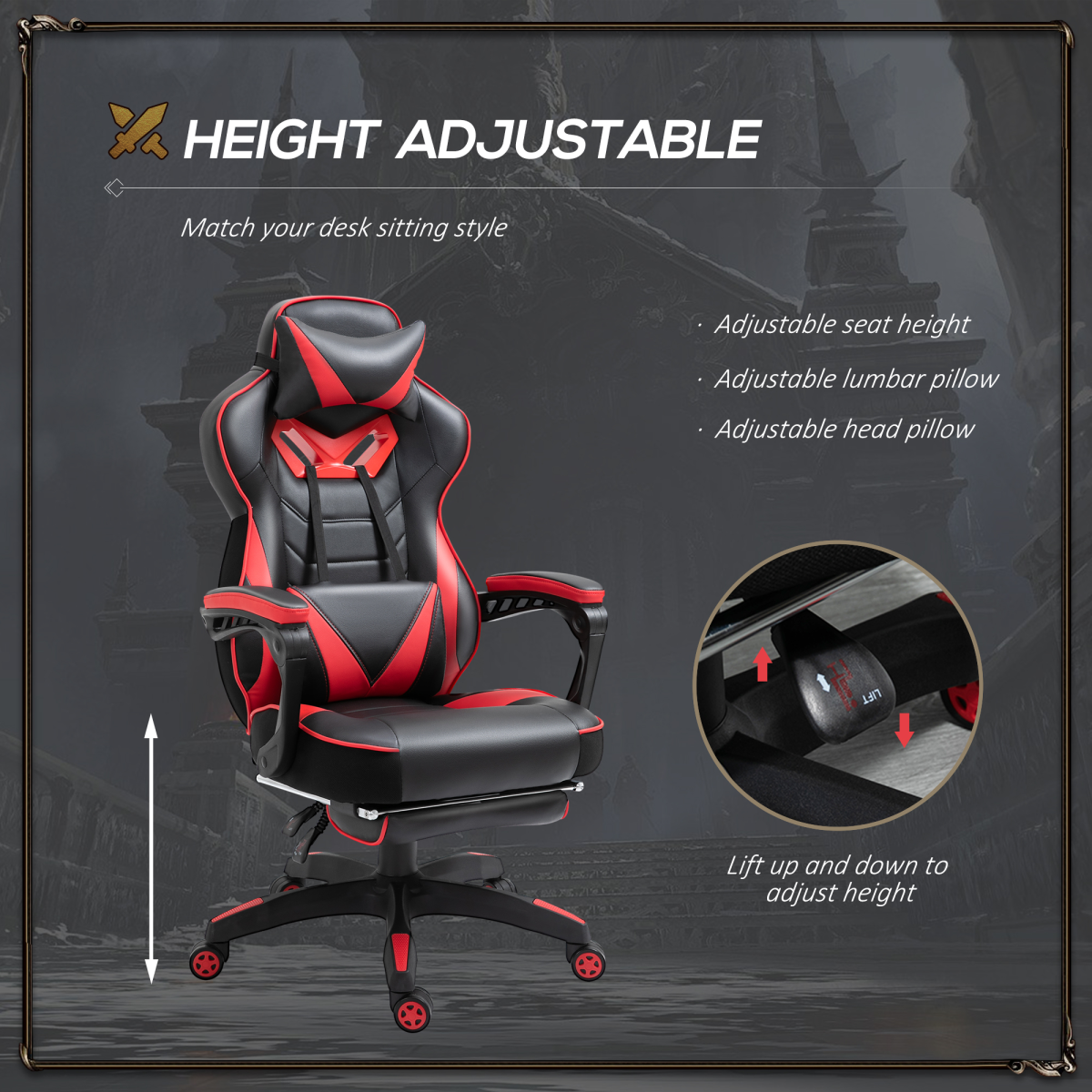 Gaming Chair Ergonomic Reclining w/ Manual Footrest Wheels Stylish Office Red - Image 4