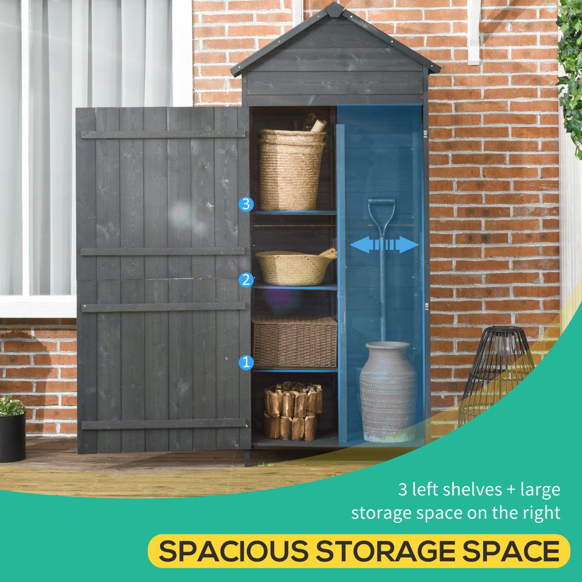 Outsunny Wooden Garden Shed Outdoor Shelves Utility Tool Storage Cabinet Grey - Image 4