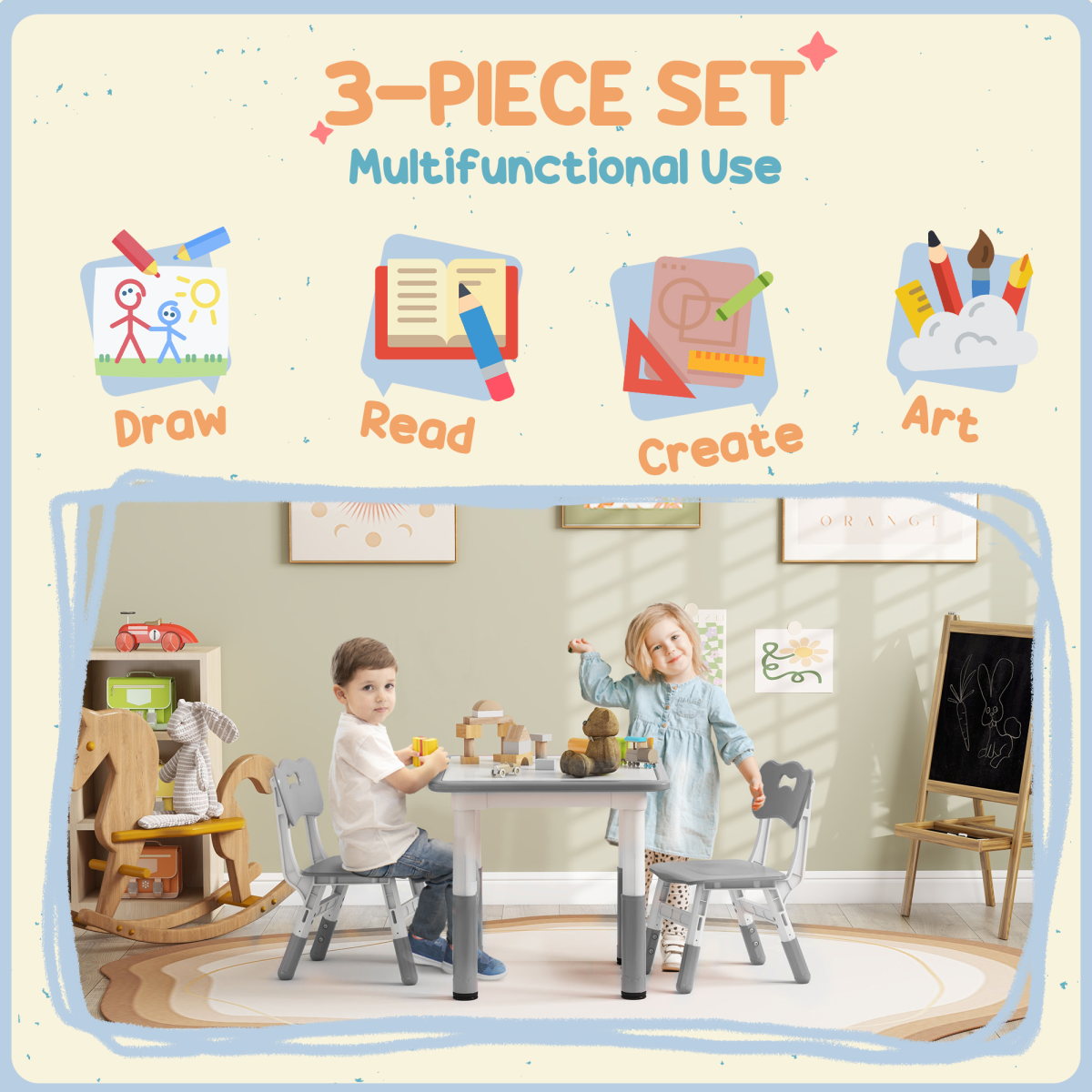 AIYAPLAY 3 Pcs Height Adjustable Kids Table and Chair Set for Playroom - Grey - Image 5
