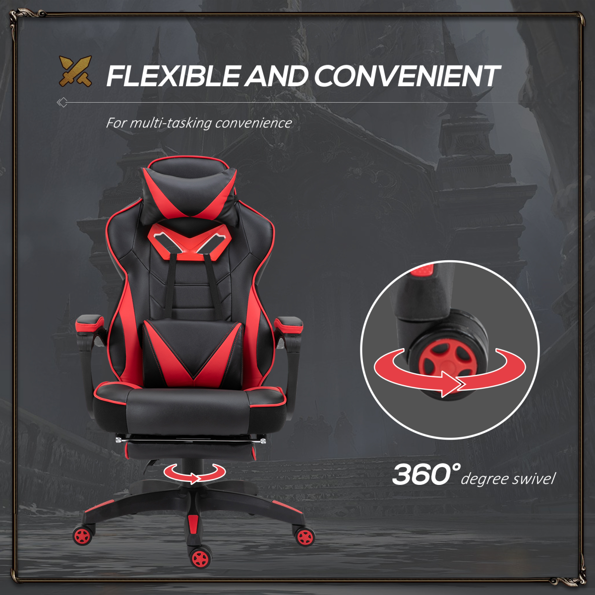 Gaming Chair Ergonomic Reclining w/ Manual Footrest Wheels Stylish Office Red - Image 6