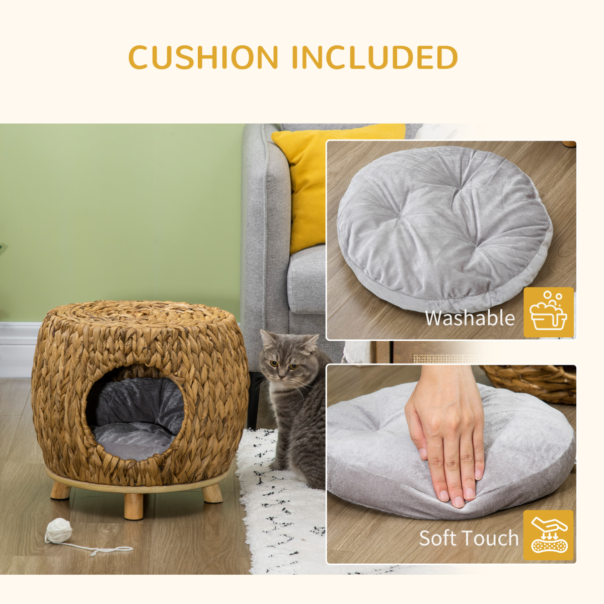 Rattan Cat House Stool, Wicker Kitten Bed for Outdoors and Indoors w/ Cushion - Image 6