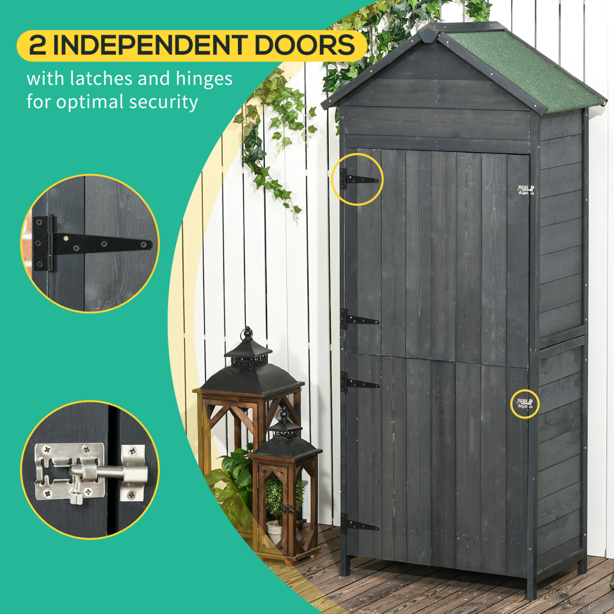 Outsunny Wooden Garden Shed Outdoor Shelves Utility Tool Storage Cabinet Grey - Image 6