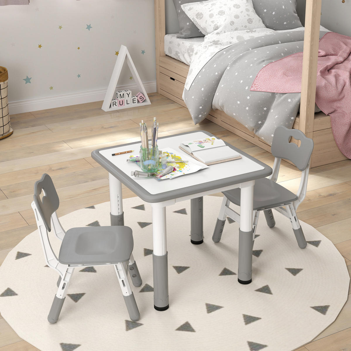 AIYAPLAY 3 Pcs Height Adjustable Kids Table and Chair Set for Playroom - Grey - Image 7