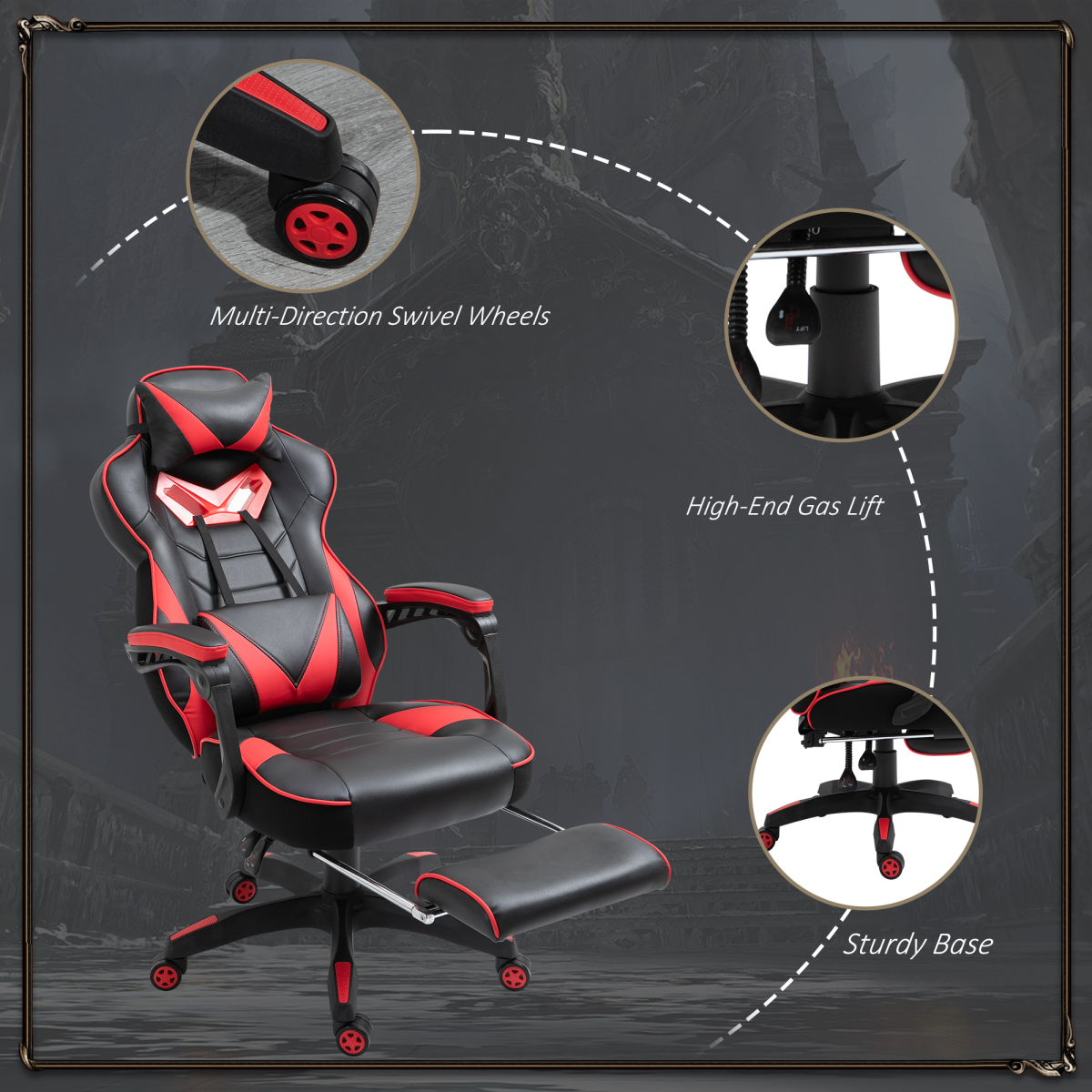 Gaming Chair Ergonomic Reclining w/ Manual Footrest Wheels Stylish Office Red - Image 7