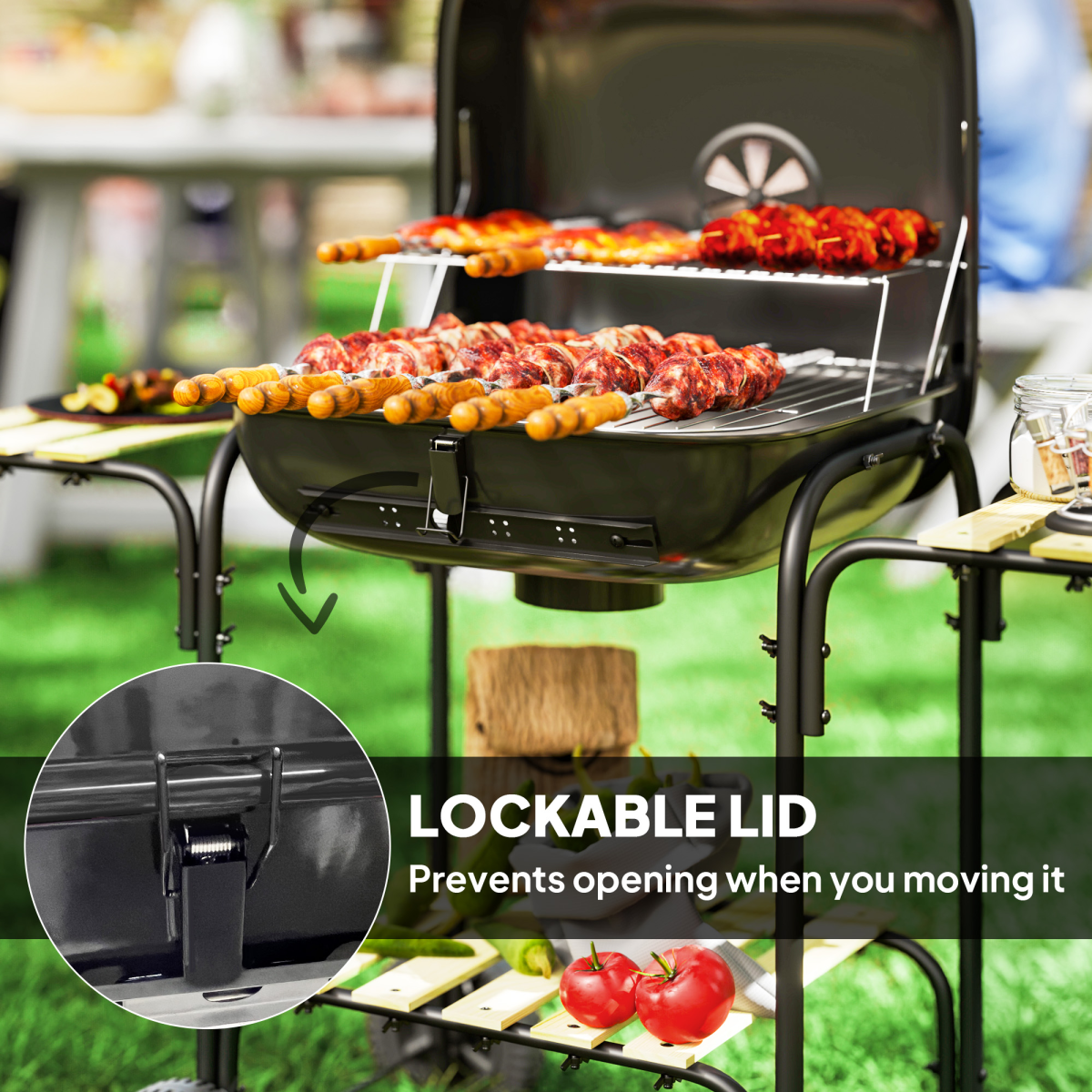 Outsunny Charcoal Barbecue Grill Portable BBQ with Lockable Lid, Vent - Image 8