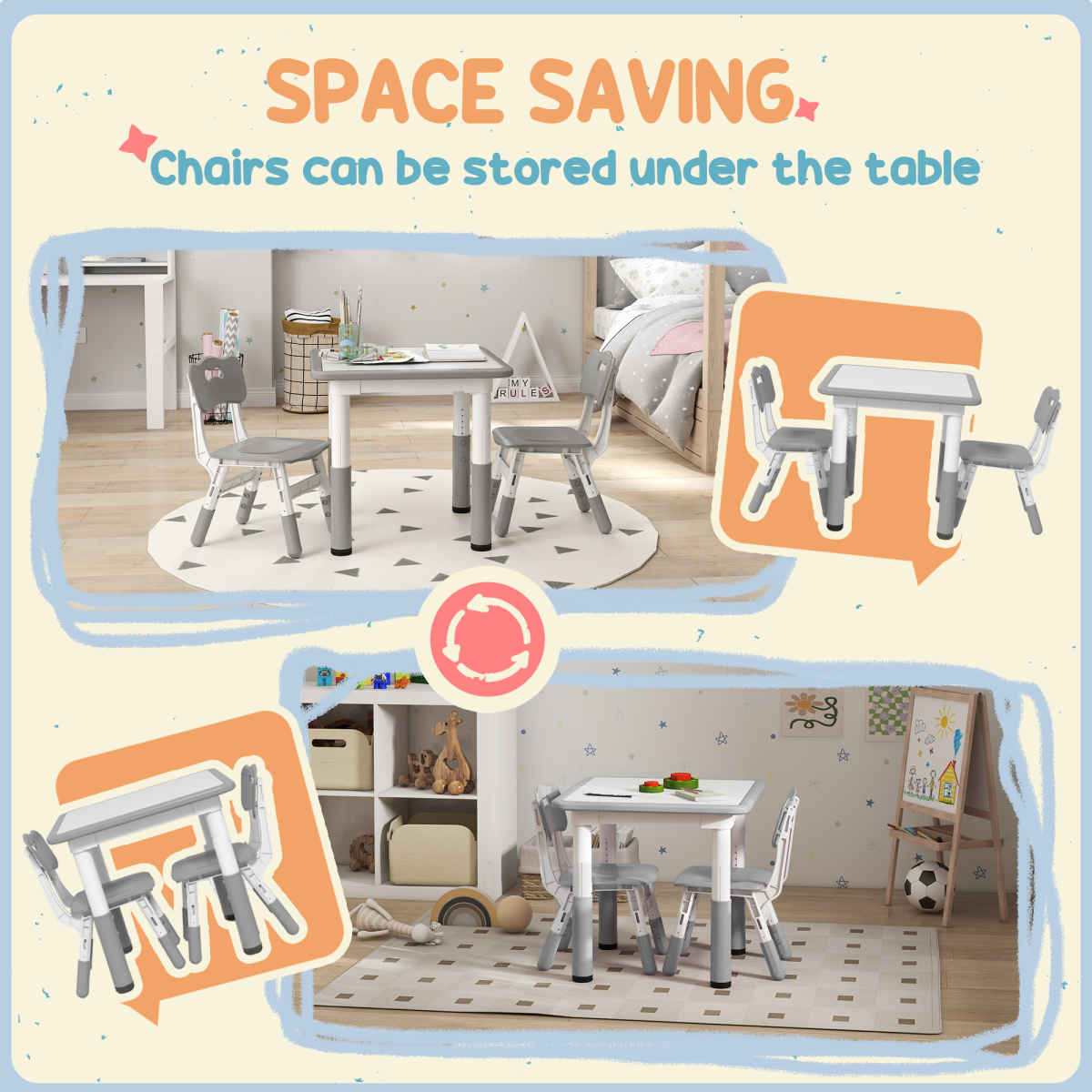 AIYAPLAY 3 Pcs Height Adjustable Kids Table and Chair Set for Playroom - Grey - Image 8