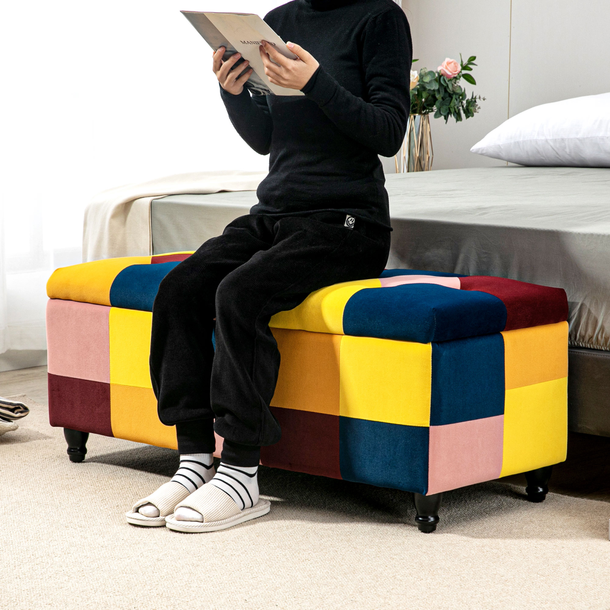 114 x 47 x 47cm Velvet Storage Ottoman, Button-tufted Footstool Box - Image 8